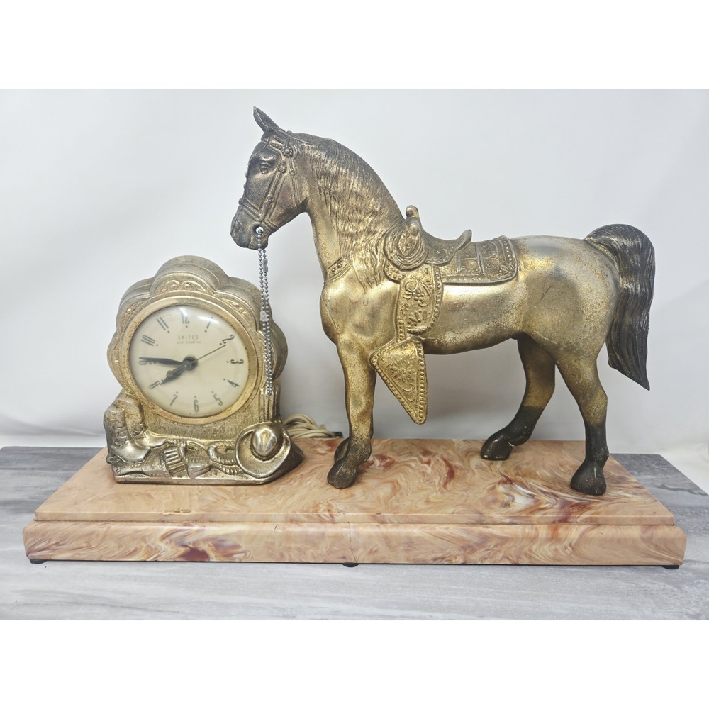 1950's United Brass Finish Western Horse 17"x11" Mantle Clock WORKS USA COWBOY
